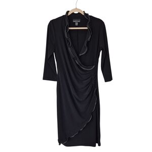 Frank Lyman Black Wrap Midi Dress With Faux Leather Trimmed Front Ruffle